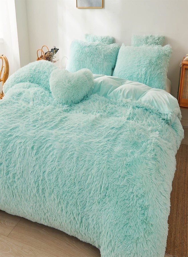 FOPPA Green Comforter Cover Set - Ultra Soft Plush Bedding Set (1 Faux Fur Duvet Cover + 2 Faux Fur Pillow Cases) Mint Green, Queen - Image 3