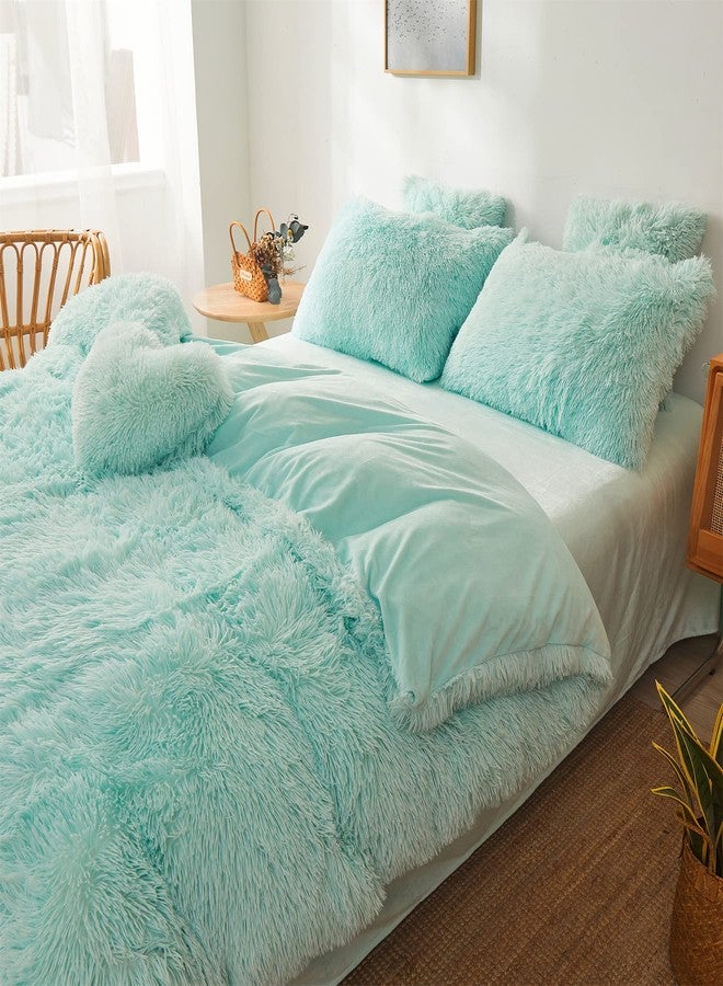 FOPPA Green Comforter Cover Set - Ultra Soft Plush Bedding Set (1 Faux Fur Duvet Cover + 2 Faux Fur Pillow Cases) Mint Green, Queen - Image 4