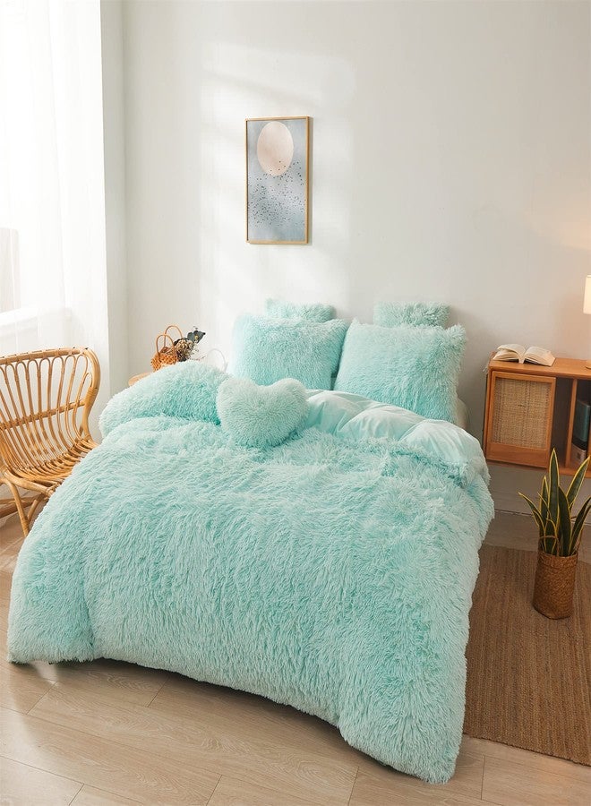 FOPPA Green Comforter Cover Set - Ultra Soft Plush Bedding Set (1 Faux Fur Duvet Cover + 2 Faux Fur Pillow Cases) Mint Green, Queen - Image 2