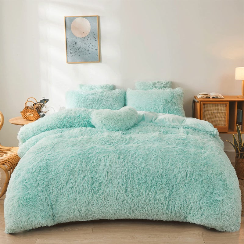 FOPPA Green Comforter Cover Set - Ultra Soft Plush Bedding Set (1 Faux Fur Duvet Cover + 2 Faux Fur Pillow Cases) Mint Green, Queen - Image 1
