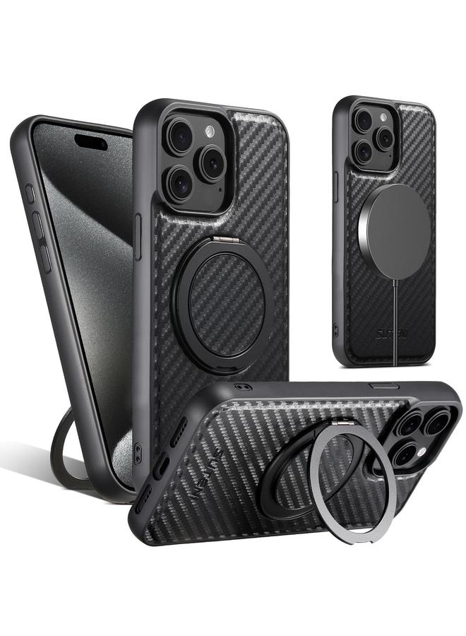 Suteni Case For iPhone 15 Pro G3 Carbon Fiber Leather 360 Rotation Holder MagSafe Phone Case - Image 1