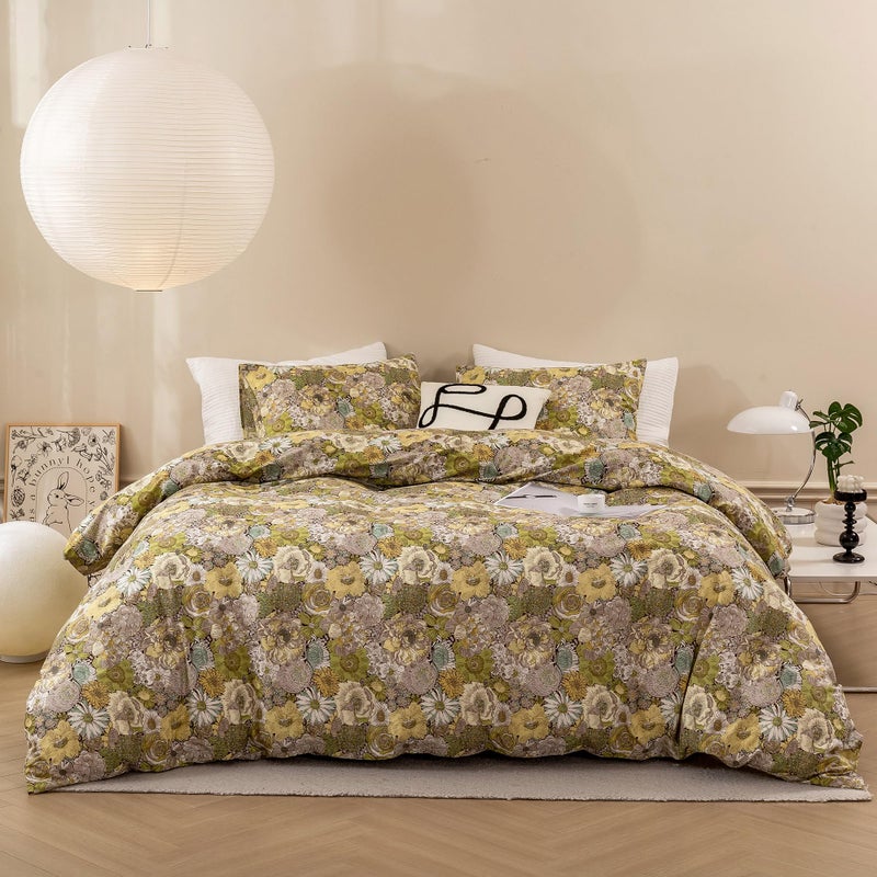 ECOCOTT ECOCOTT Floral Duvet Cover Queen Size - Vintage Chic Garden Style Floral Pattern Printed Flower Duvet Cover Set Super Soft Comforter Quilt Cover with Zipper Closure 4 Ties  - Image 1