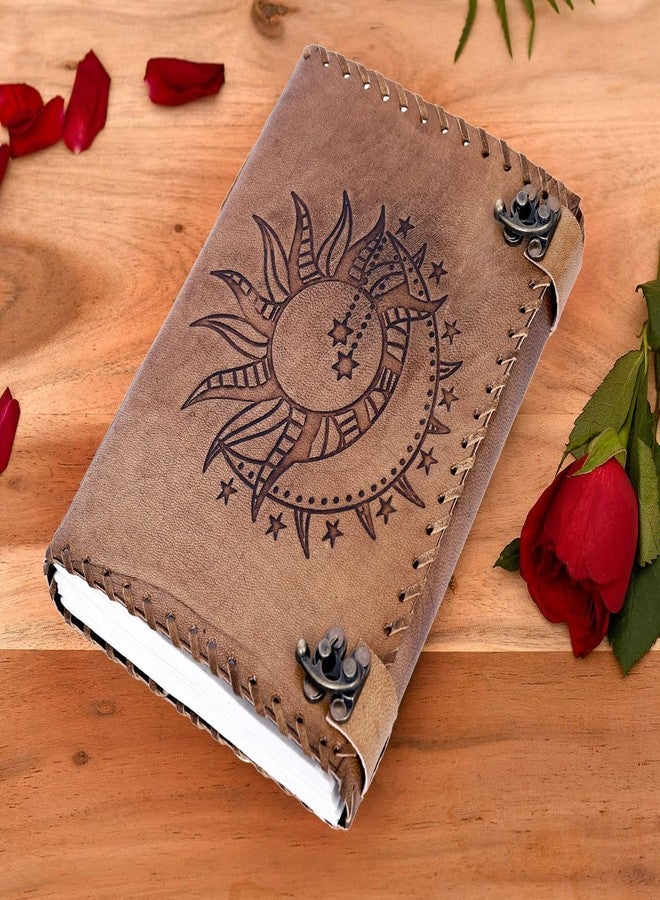 CREATIVE LEATHER ART مفكرة منقوشة بنقش الشمس والقمر، مفكرة من 240 صفحة، مفكرة عتيقة، مفكرة الشمس والقمر، دفتر رسم جلدي، دفتر ملاحظات جلدي، مفكرة جلدية للرجال، الشمس والقمر، 10 × 7 بوصة - Image 2