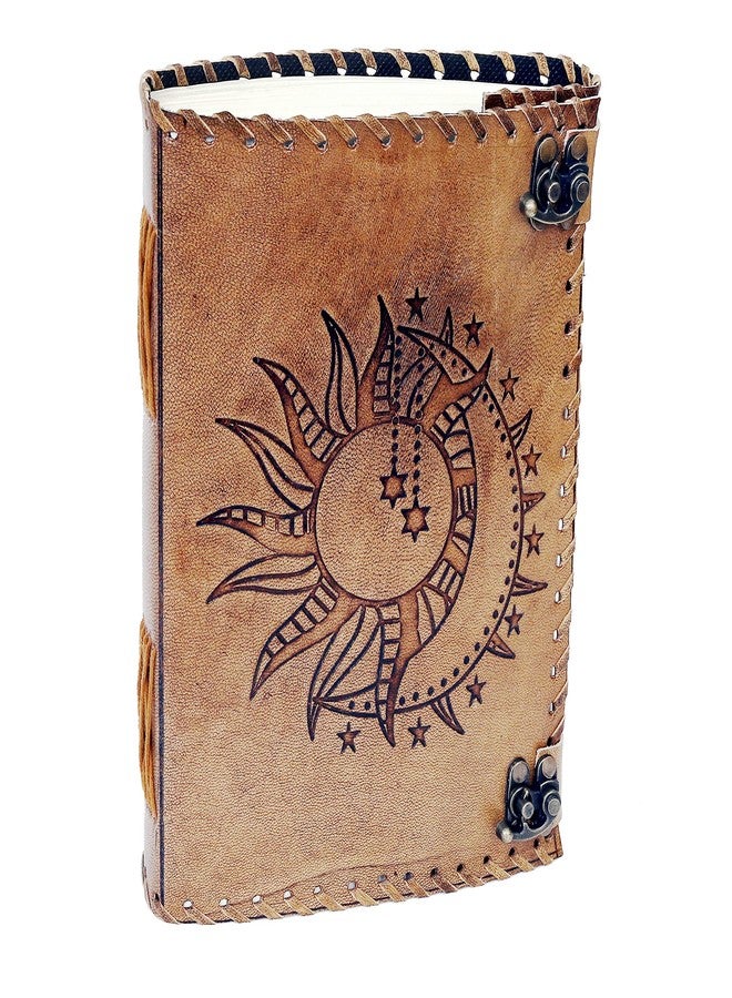 CREATIVE LEATHER ART مفكرة منقوشة بنقش الشمس والقمر، مفكرة من 240 صفحة، مفكرة عتيقة، مفكرة الشمس والقمر، دفتر رسم جلدي، دفتر ملاحظات جلدي، مفكرة جلدية للرجال، الشمس والقمر، 10 × 7 بوصة - Image 1