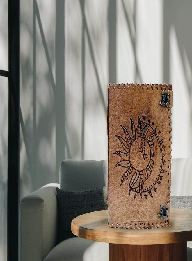 CREATIVE LEATHER ART مفكرة منقوشة بنقش الشمس والقمر، مفكرة من 240 صفحة، مفكرة عتيقة، مفكرة الشمس والقمر، دفتر رسم جلدي، دفتر ملاحظات جلدي، مفكرة جلدية للرجال، الشمس والقمر، 10 × 7 بوصة - Image 3