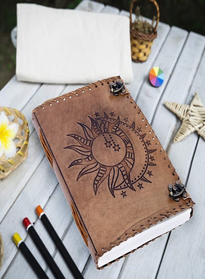 CREATIVE LEATHER ART مفكرة منقوشة بنقش الشمس والقمر، مفكرة من 240 صفحة، مفكرة عتيقة، مفكرة الشمس والقمر، دفتر رسم جلدي، دفتر ملاحظات جلدي، مفكرة جلدية للرجال، الشمس والقمر، 10 × 7 بوصة - Image 5