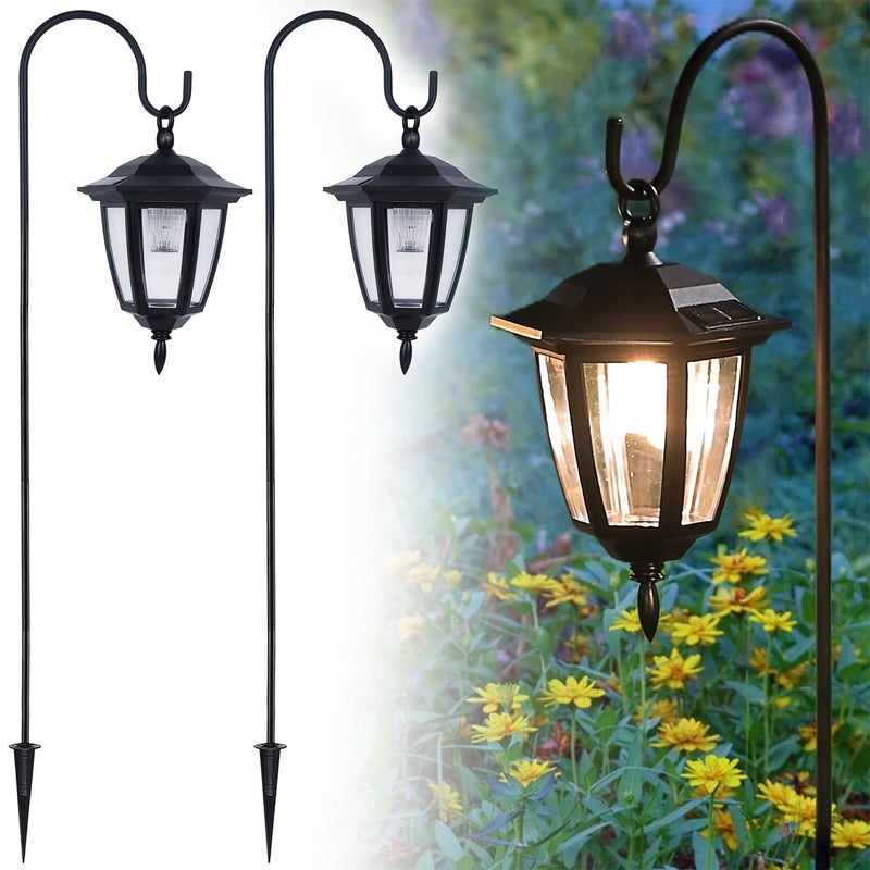Dynaming 2 Pack Solar Hanging Lights Outdoor, Solar Powered Garden Decorative Lanterns with 2 x 38 Inch Shepherd Hooks, Waterproof Landscape Lighting for Lawn Patio Yard Pathway Driveway, Warm White - Image 1