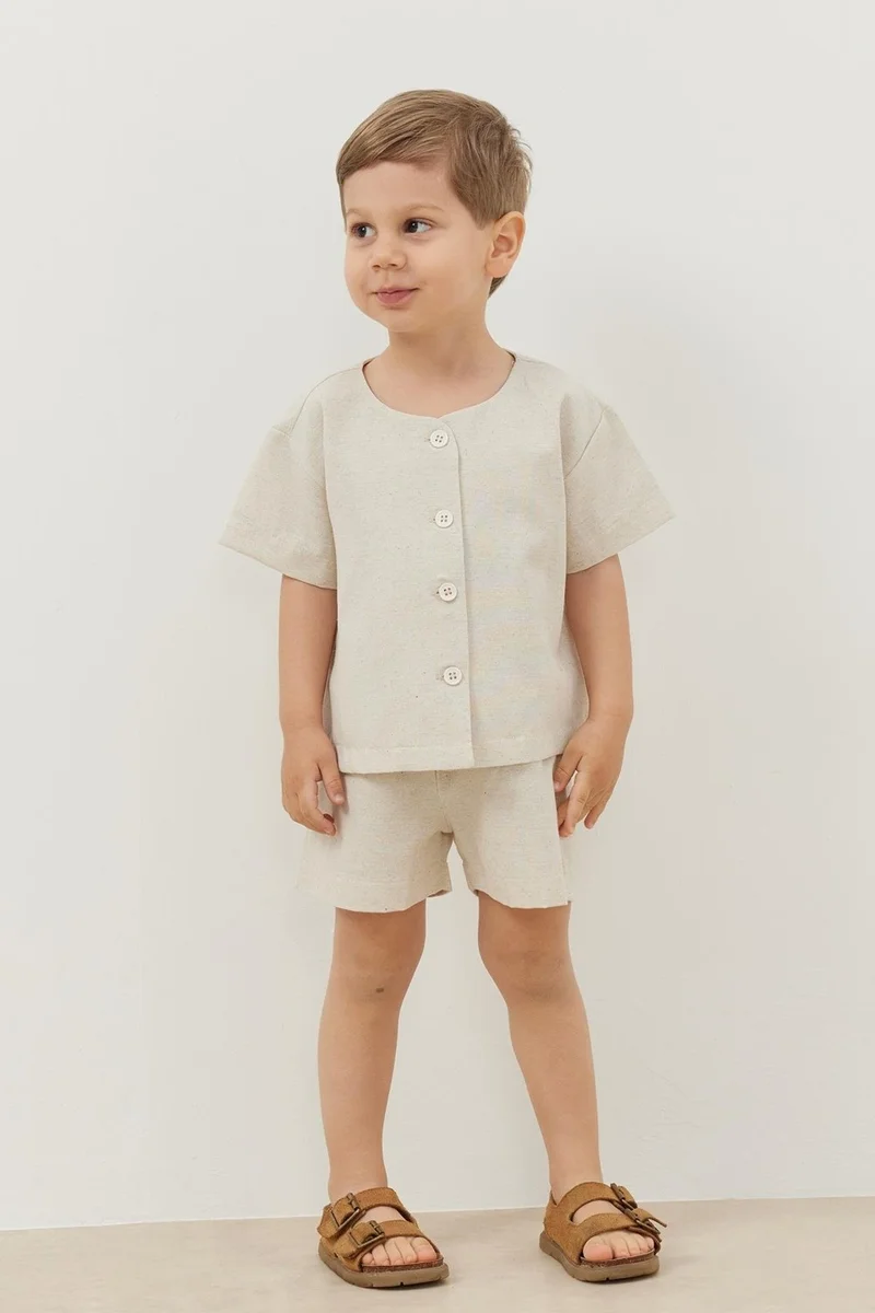 Fahhar Kids Linen Suit Beige with Shorts