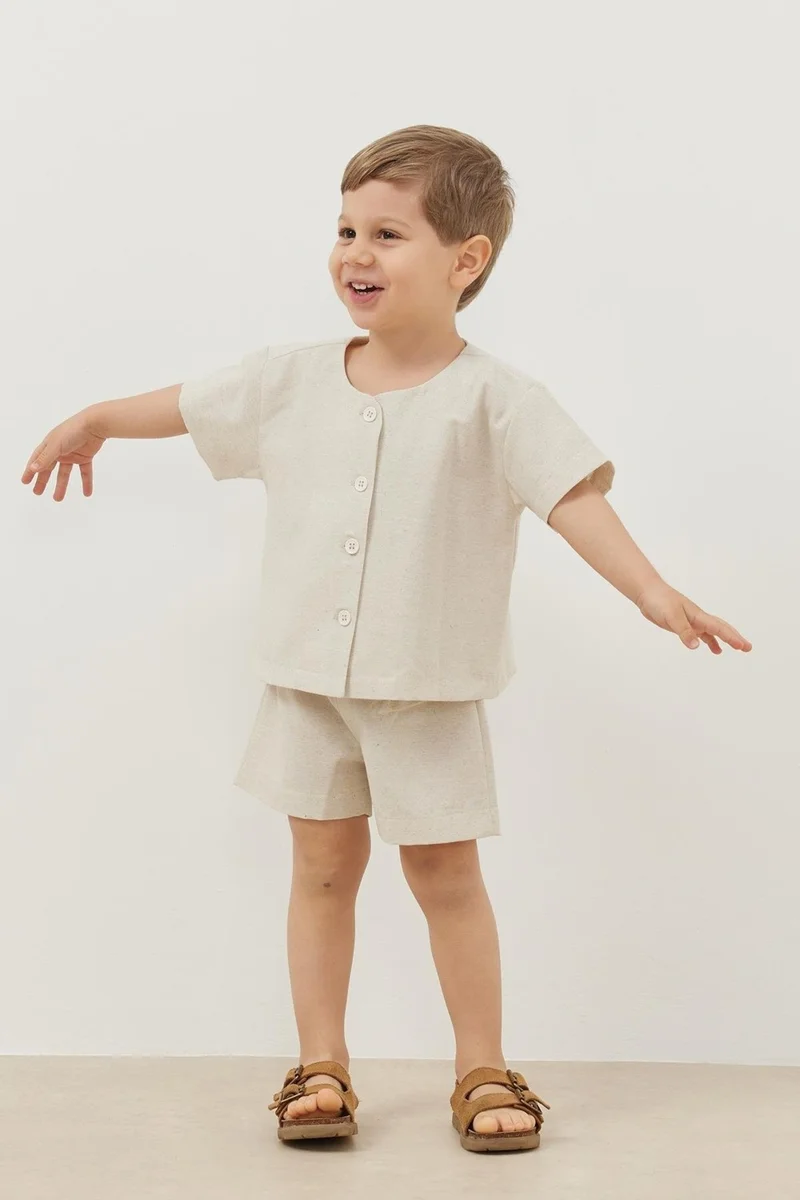 Fahhar Kids Linen Suit Beige with Shorts