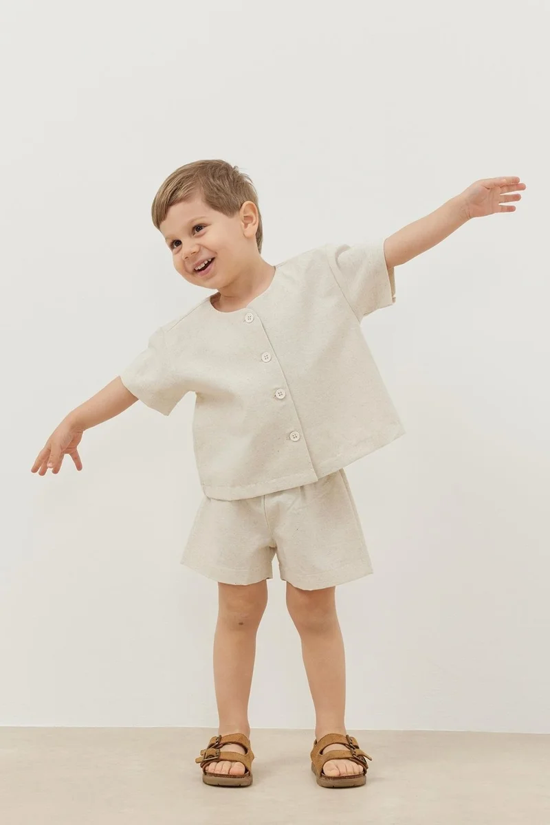 Fahhar Kids Linen Suit Beige with Shorts