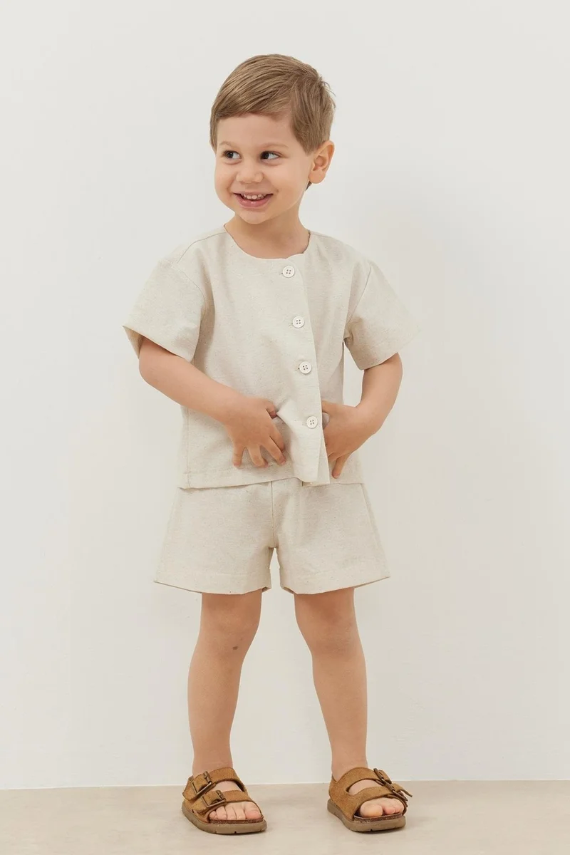 Fahhar Kids Linen Suit Beige with Shorts