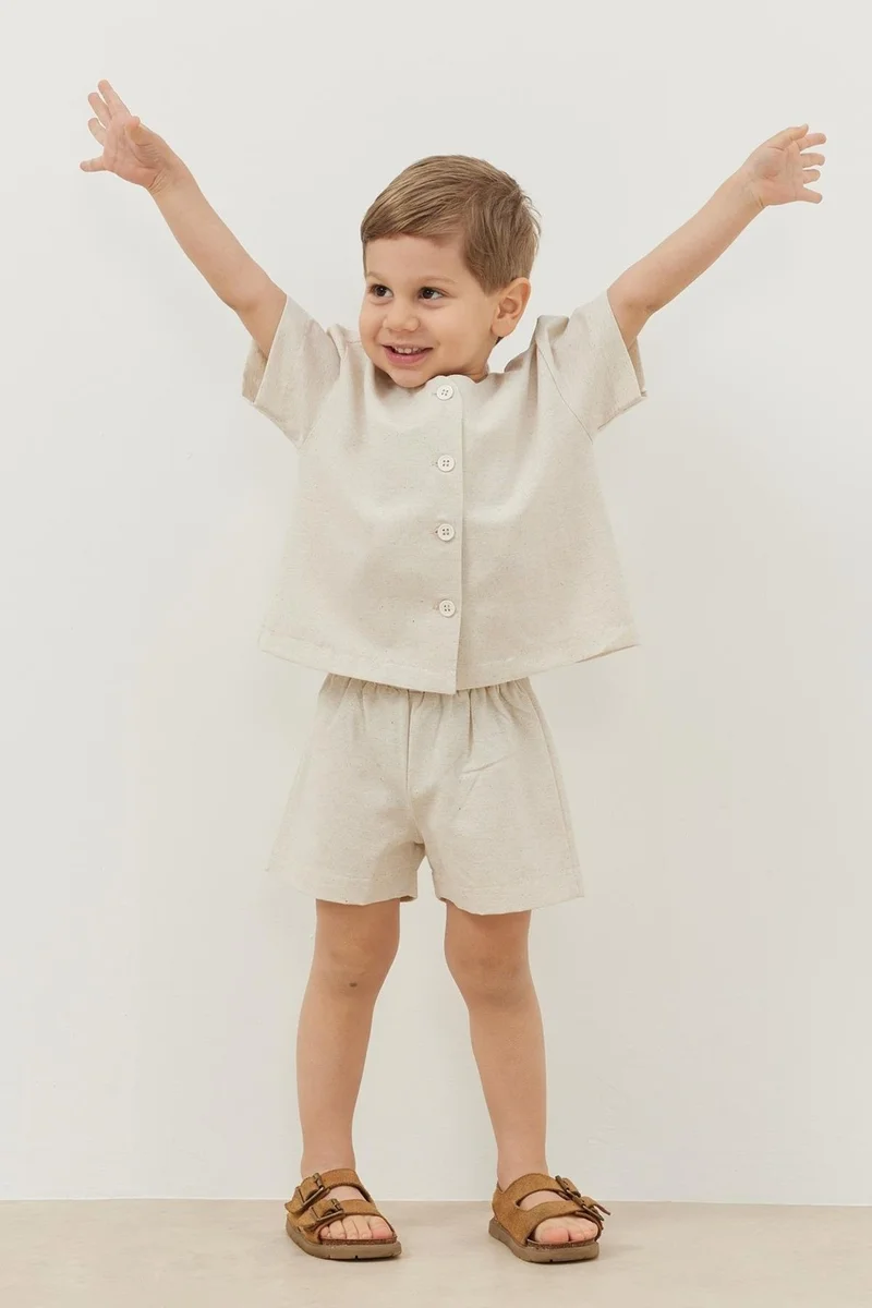 Fahhar Kids Linen Suit Beige with Shorts