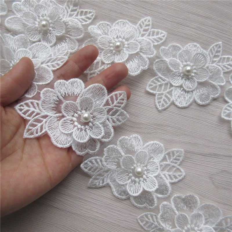 SHBBON 2 Yards 3D Flower Lace Trim Pearl Embroidered Polyester Lace Ribbon Fabric Applique Patchwork for Wedding Dress Handmade DIY Sewing Craft Supplies Decoration (White) - Image 3
