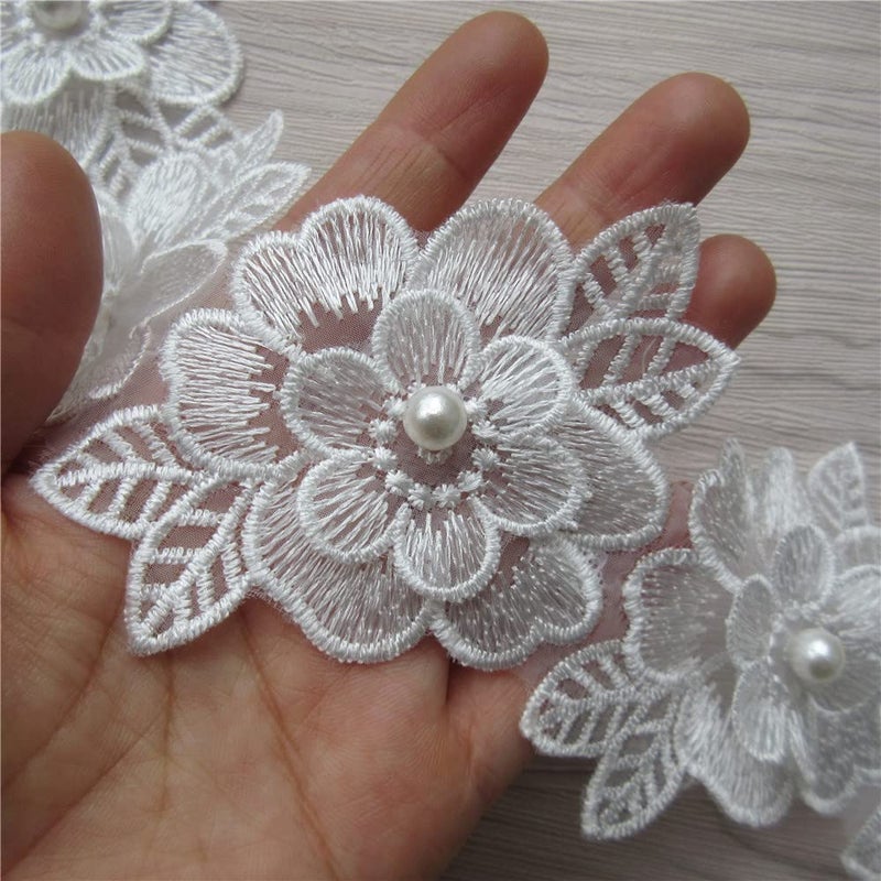 SHBBON 2 Yards 3D Flower Lace Trim Pearl Embroidered Polyester Lace Ribbon Fabric Applique Patchwork for Wedding Dress Handmade DIY Sewing Craft Supplies Decoration (White) - Image 1