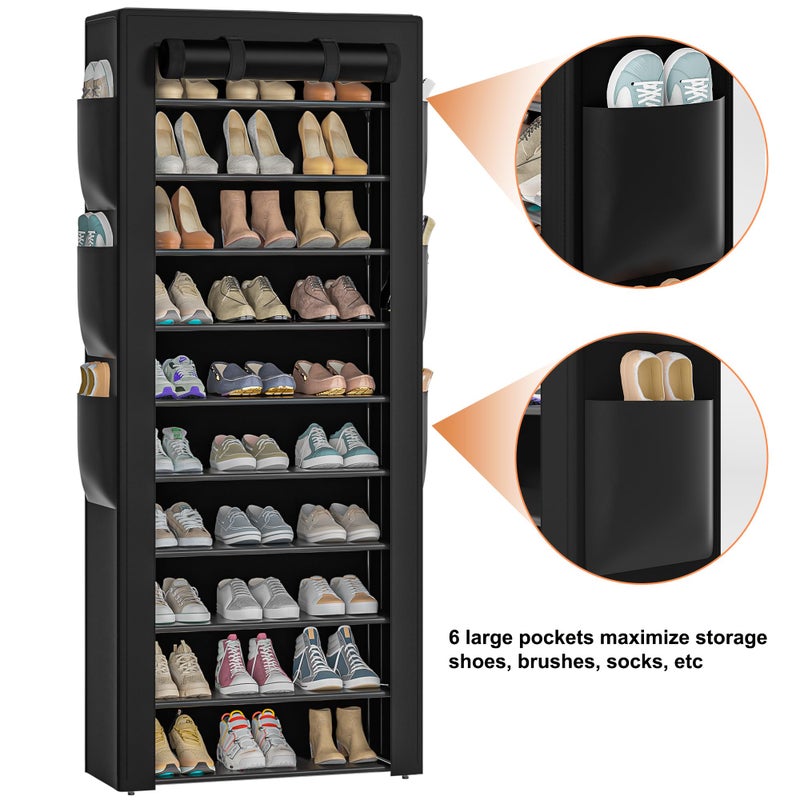 OYREL Large Shoe Rack, Black, 6 Side Pockets, 23.6" Wide x 11.4" Deep x 68.9" Tall, 36-41 Pairs of Shoes - Image 4