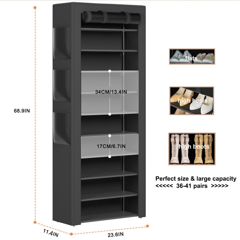 OYREL Large Shoe Rack, Black, 6 Side Pockets, 23.6" Wide x 11.4" Deep x 68.9" Tall, 36-41 Pairs of Shoes - Image 5