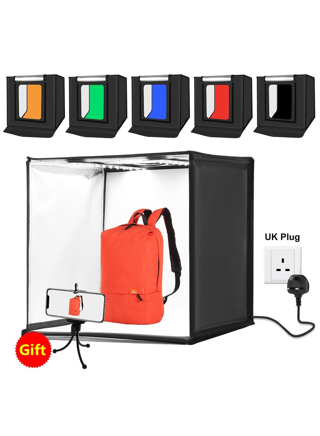 PULUZ 23.6Inch/60cm Photo Studio Light Box Portable Light Tent LED 5500K White Light Dimmable Mini 36W Photography Studio Tent Kit with 6 Removable Backdrop (Black Orange White Green Blue Red)