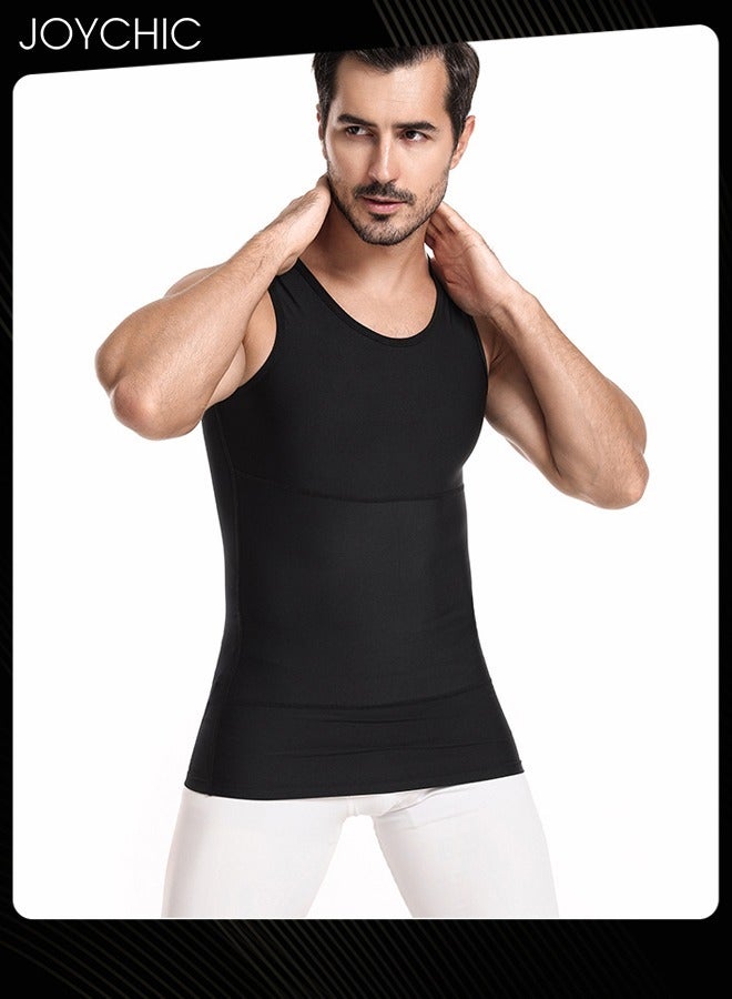 Joychic Men Spring and Summer Tight Fitting Belly Chest Slimming Vest Quick-drying High-elastic Tights  Body Shaper for Sports Fitness Basketball Running Training Black - Image 2