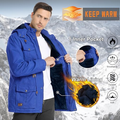 CHEXPEL Winter Jacket with Hood for Men Heavy Fleece Lining Cotton Outwear Cycling Jackets with Multi-Pockets Royal Blue S - Image 3