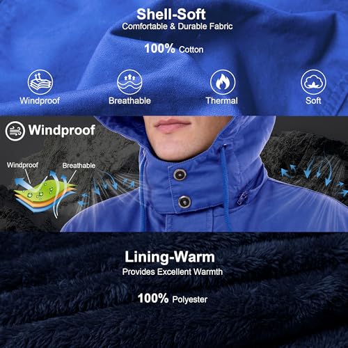 CHEXPEL Winter Jacket with Hood for Men Heavy Fleece Lining Cotton Outwear Cycling Jackets with Multi-Pockets Royal Blue S - Image 4