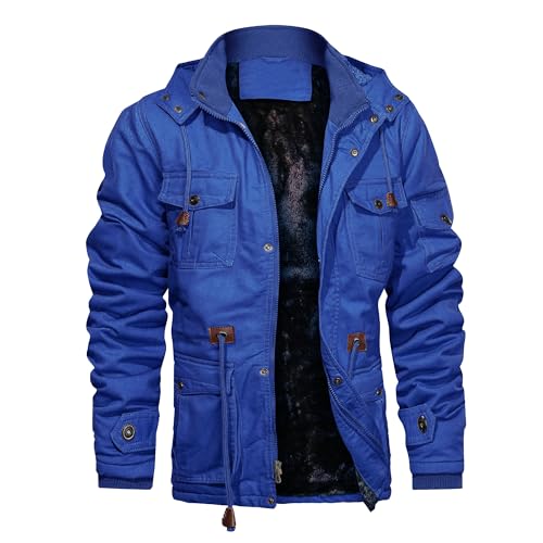 CHEXPEL Winter Jacket with Hood for Men Heavy Fleece Lining Cotton Outwear Cycling Jackets with Multi-Pockets Royal Blue S - Image 1