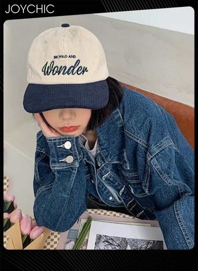 Joychic Women Men Autumn Winter Warm Baseball Cap Letter Embroidered Splicing Peaked cap Korean Version Versatile Casual Adjustable Hat Navy+Beige - Image 1