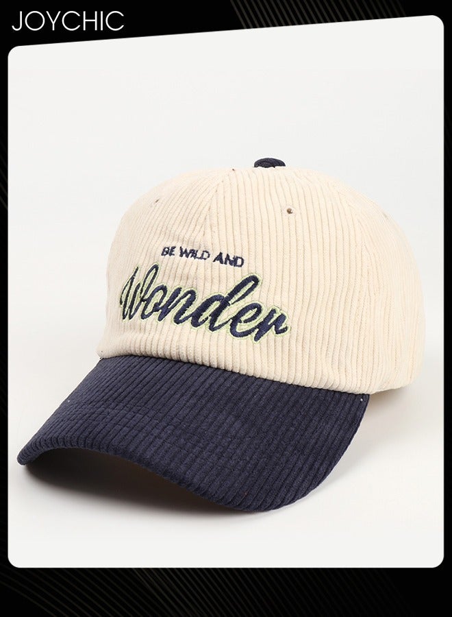 Joychic Women Men Autumn Winter Warm Baseball Cap Letter Embroidered Splicing Peaked cap Korean Version Versatile Casual Adjustable Hat Navy+Beige - Image 2