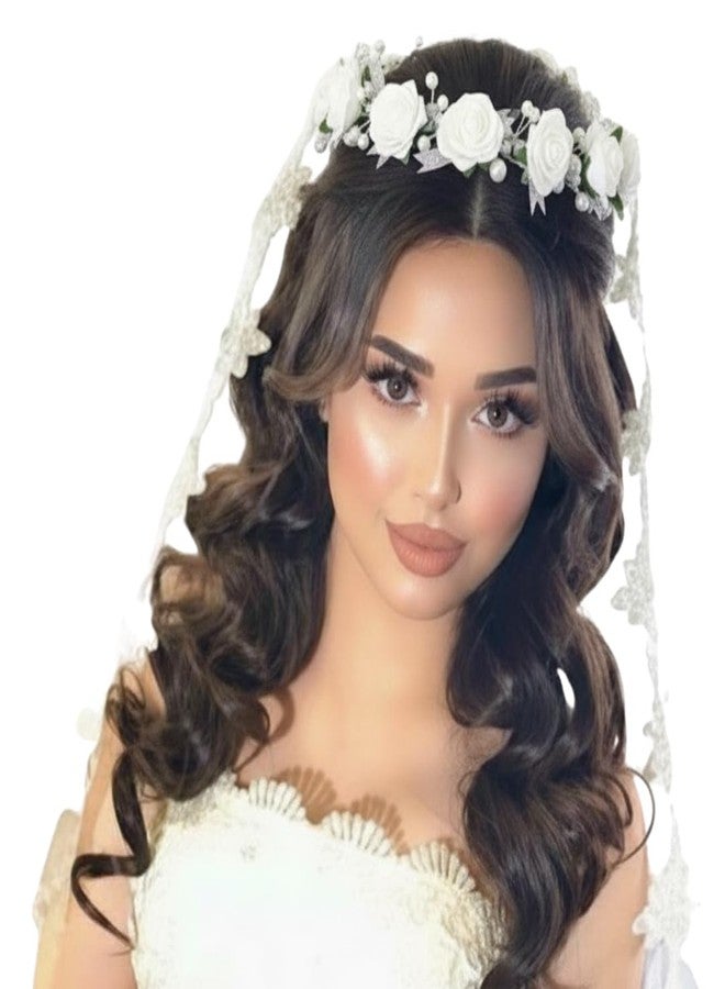 Devino Ora attractive foam Flower Headband Hair Wreath Floral Crown for First Holy Communion Confirmation for Christian rituals for boys girls Women Rose Floral Crown Hair Wreath Leave Flower Silk Headband with Adjustable Ribbon (free size) - Image 1