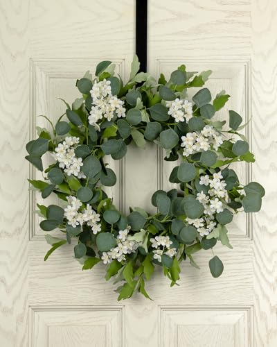 YUGALI 24" Spring Summer Wreaths for Front Door, Artificial Green Eucalyptus White Flower Cherry Blossom Grapevine Base for Farmhouse Porch Wedding Outdoor Indoor Year Round Home Decor - Image 2