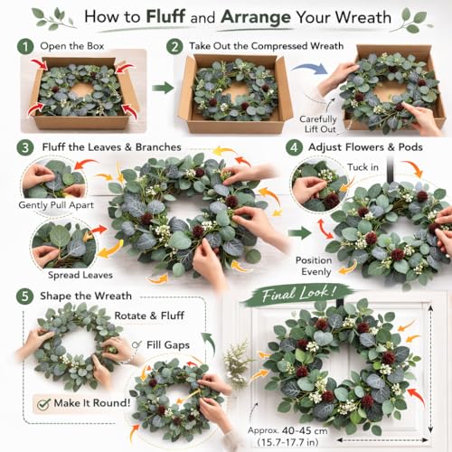 YUGALI 24" Spring Summer Wreaths for Front Door, Artificial Green Eucalyptus White Flower Cherry Blossom Grapevine Base for Farmhouse Porch Wedding Outdoor Indoor Year Round Home Decor - Image 5
