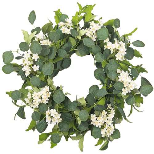 YUGALI 24" Spring Summer Wreaths for Front Door, Artificial Green Eucalyptus White Flower Cherry Blossom Grapevine Base for Farmhouse Porch Wedding Outdoor Indoor Year Round Home Decor - Image 1