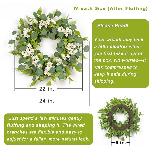 YUGALI 24" Spring Summer Wreaths for Front Door, Artificial Green Eucalyptus White Flower Cherry Blossom Grapevine Base for Farmhouse Porch Wedding Outdoor Indoor Year Round Home Decor - Image 4