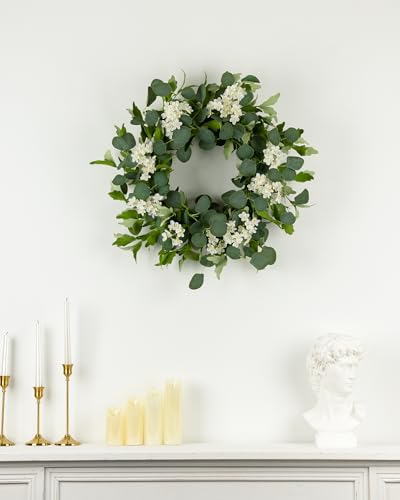 YUGALI 24" Spring Summer Wreaths for Front Door, Artificial Green Eucalyptus White Flower Cherry Blossom Grapevine Base for Farmhouse Porch Wedding Outdoor Indoor Year Round Home Decor - Image 3