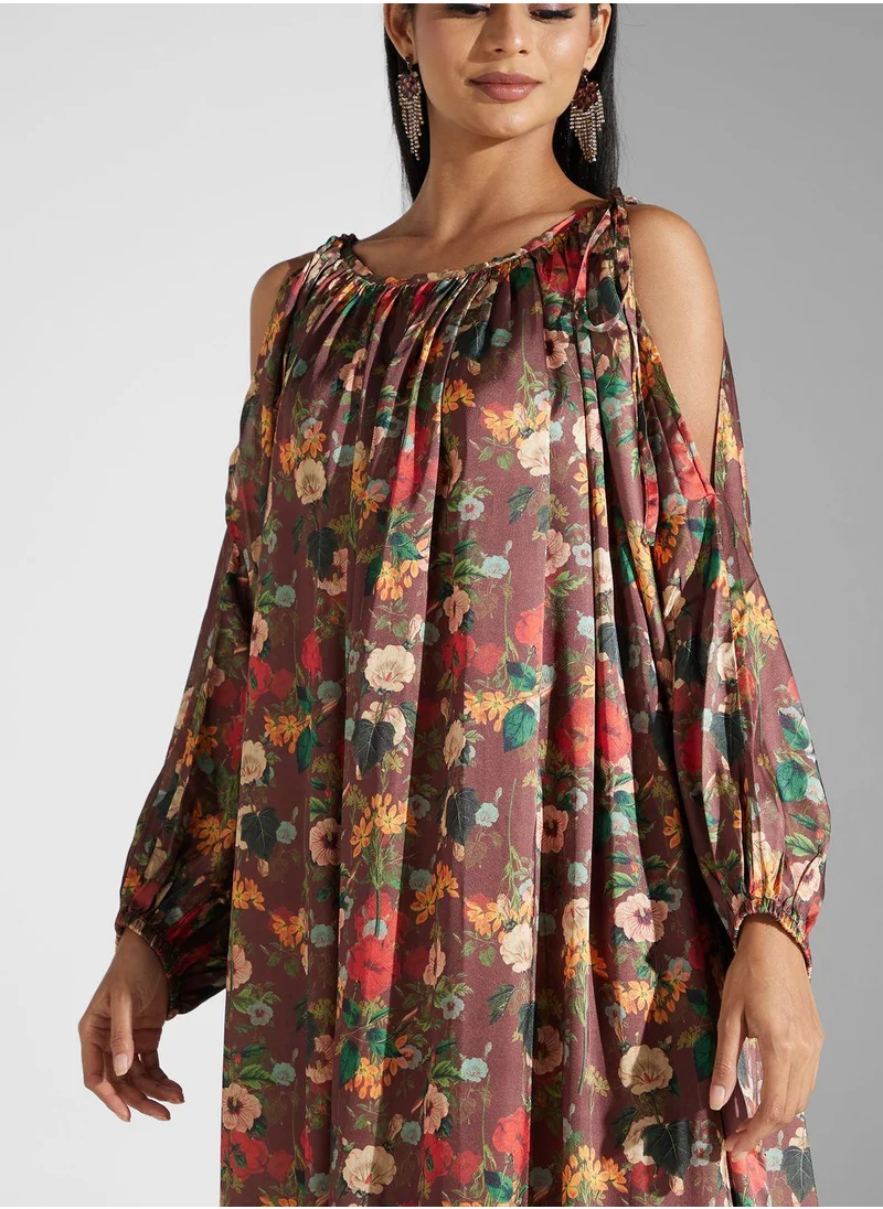 سنوار Balloon Sleeve Floral Print Dress