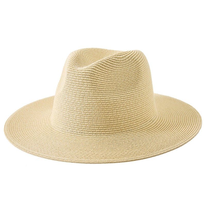 Lanzom Women Wide Brim Straw Panama Roll up Hat Fedora Beach Sun Hat UPF50+(Khaki Without Band,One Size-Medium) - Image 1