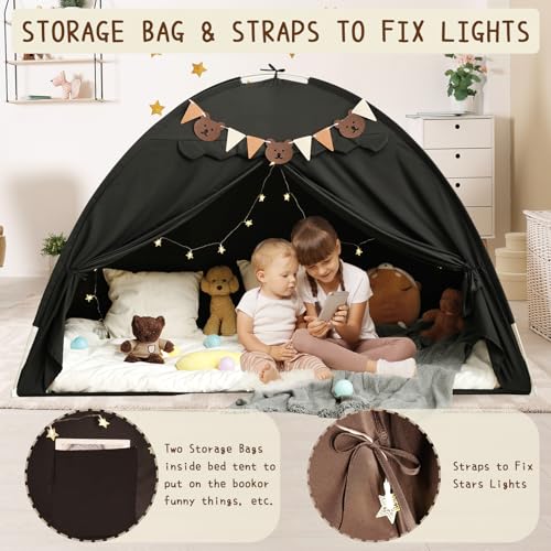 YEERSWAG Twin Bed Tent for Kids Blackout Bed Tent Canopy Sleeping Tent Privacy Space Dream Playhouse with Stars Light Flags Toddler Indoor Floor Play Tent for Boys Girls Birthday Childrens Gift Black - Image 3