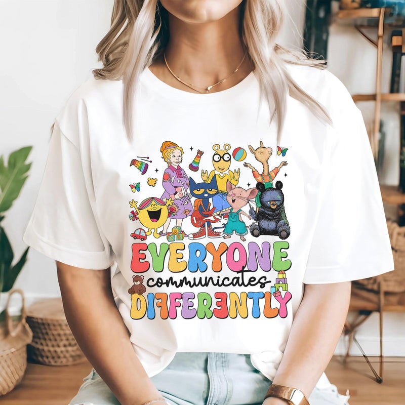 InterStellux Everyone Communicates Differently Shirt - Autism Support T-Shirt - Autism Awareness Month T-Shirt - Special Education Teacher Tshirt - ADHD Teacher Shirt - Gifts for Teachers (White,L) - Image 4