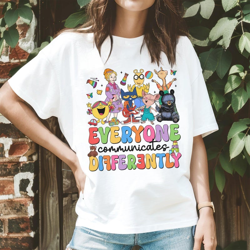 InterStellux Everyone Communicates Differently Shirt - Autism Support T-Shirt - Autism Awareness Month T-Shirt - Special Education Teacher Tshirt - ADHD Teacher Shirt - Gifts for Teachers (White,L) - Image 2