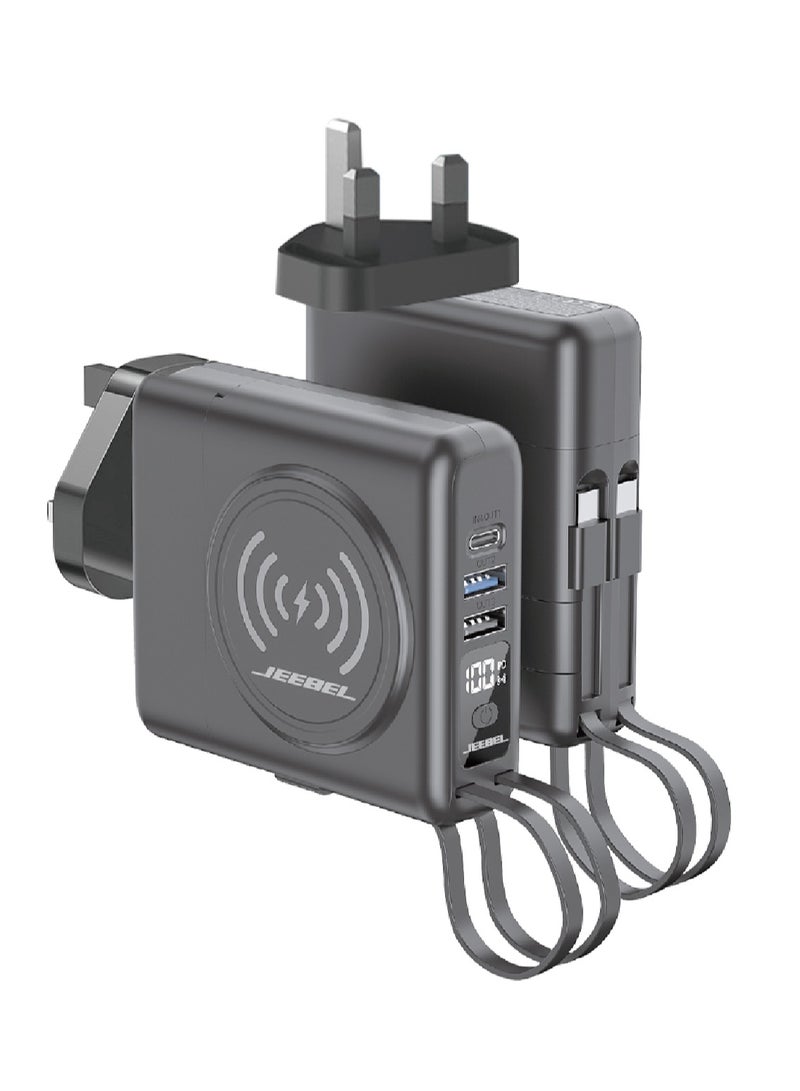 جيبيل باور بانك لاسلكي 10الف م امبير متعدد الاستخدامات مزود بشاحن جداري وكيبل تايب سي وكيبل لاينتنغ ومنفذين USB ومنفذ PD - Image 1