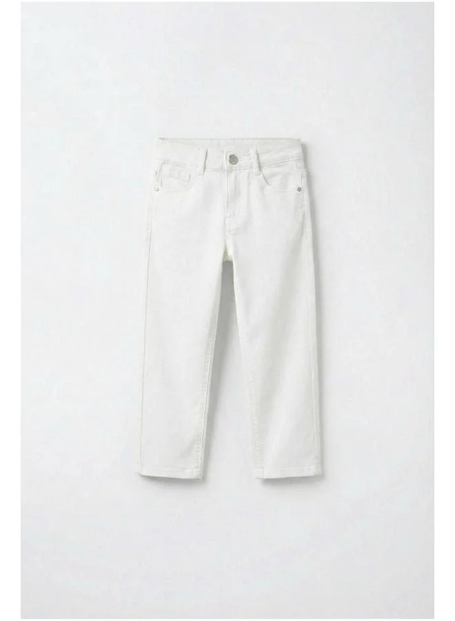 Magu Unisex Kids' Plain White Cotton Pants - Denim-Look with Pockets