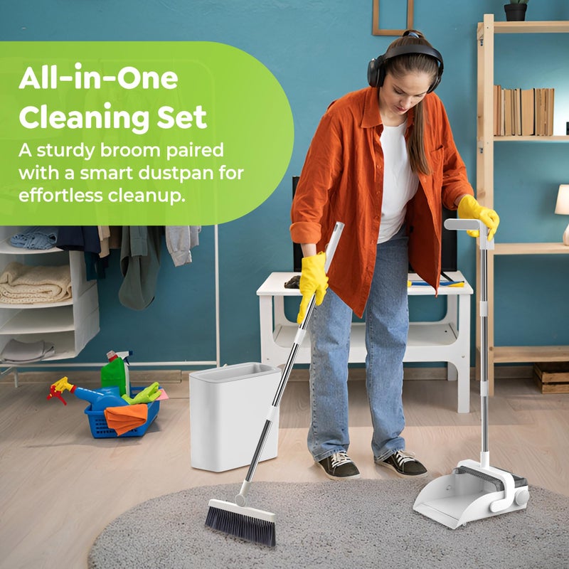 CleanMattix DustDockPro: Broom and Dustpan Set with Trashcan - Long Handle Upright Dust Pan with Teeth Comb, Angled Bristles for Pet Hair Removal, Compact Cleaning Kit for Kitchen Home Tiles Hard Floors - Image 2