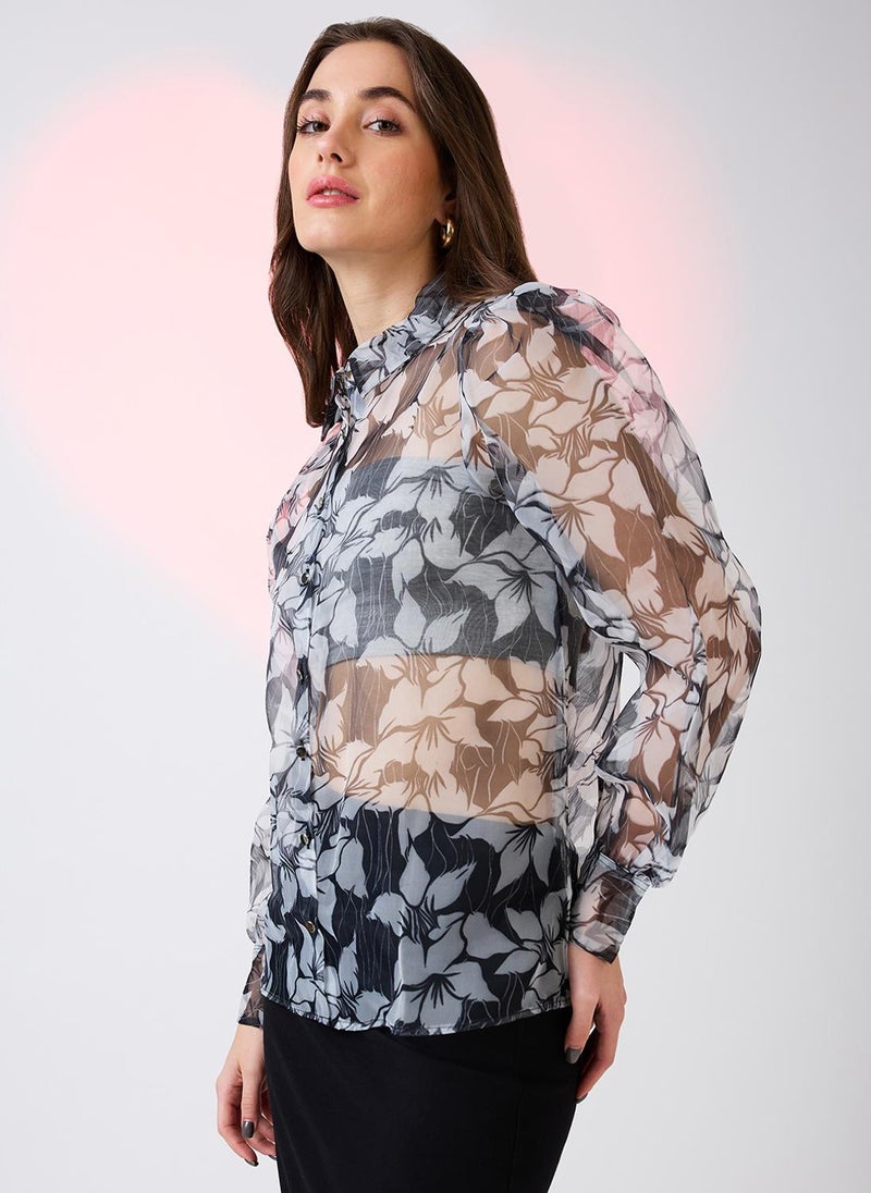 Globus Women's Top Black Party with Shirt Collar and Printed Organza Sleeves - Image 3