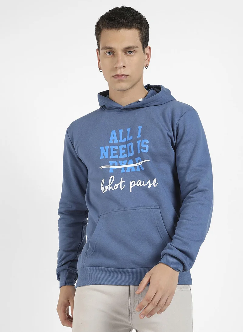 Campus Sutra Men's Steel Blue All-I-Need Print Pullover Hoodie