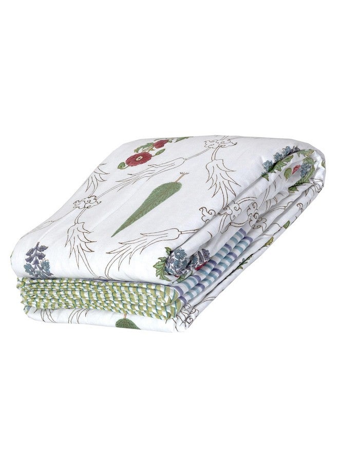 TOAI Art Jaipuri Dohar Quilt For 500 TC Summer Hand Block Printed 3 Layers Reversible 100% Mulmul Cotton Flannel Filling Single Size 60" X 90" Adil Jaal (White Blue Green) - Image 1