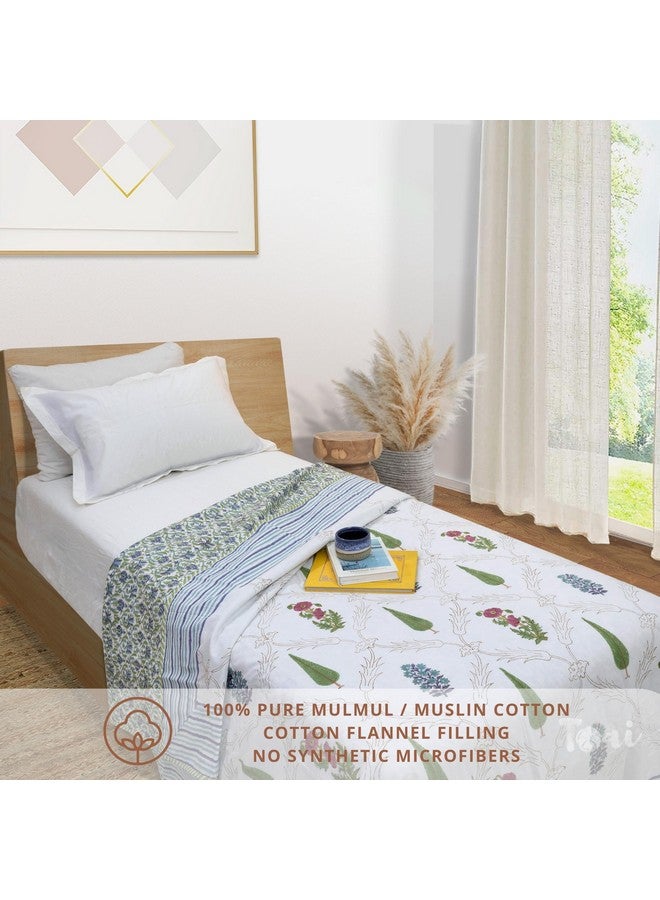 TOAI Art Jaipuri Dohar Quilt For 500 TC Summer Hand Block Printed 3 Layers Reversible 100% Mulmul Cotton Flannel Filling Single Size 60" X 90" Adil Jaal (White Blue Green) - Image 2