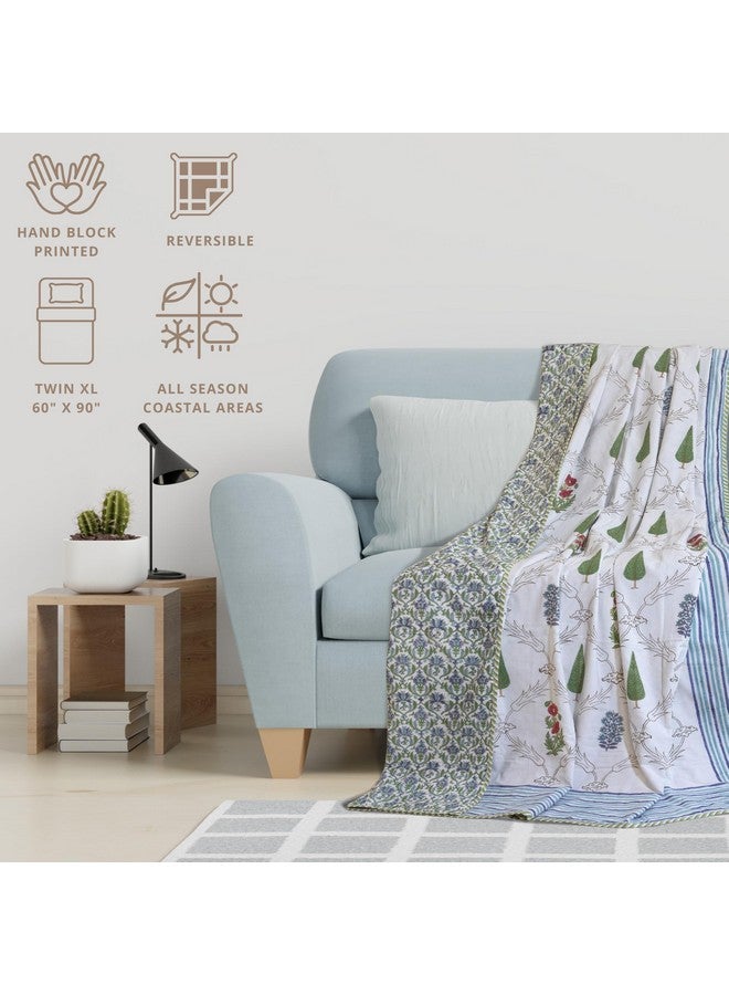 TOAI Art Jaipuri Dohar Quilt For 500 TC Summer Hand Block Printed 3 Layers Reversible 100% Mulmul Cotton Flannel Filling Single Size 60" X 90" Adil Jaal (White Blue Green) - Image 4