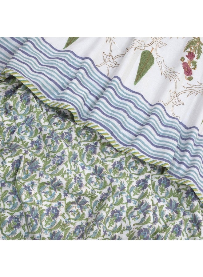 TOAI Art Jaipuri Dohar Quilt For 500 TC Summer Hand Block Printed 3 Layers Reversible 100% Mulmul Cotton Flannel Filling Single Size 60" X 90" Adil Jaal (White Blue Green) - Image 5