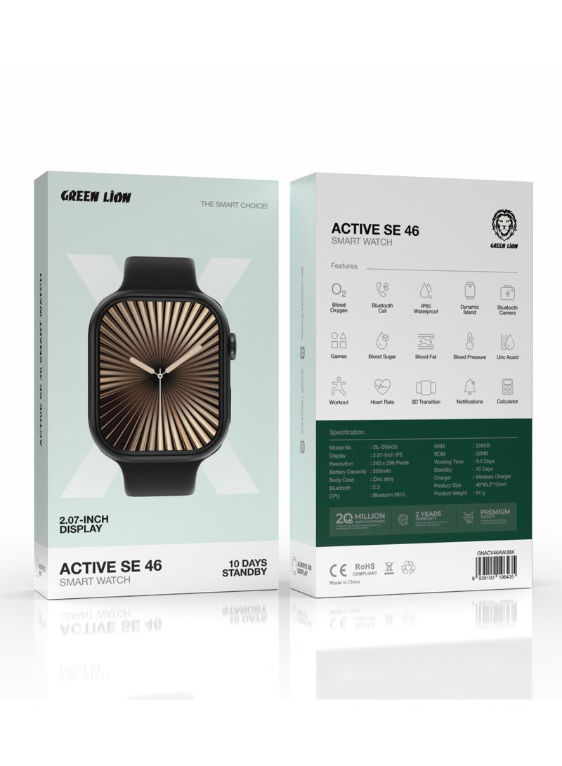 GREEN LION Active SE 46 Smart Watch / 2.07 Display / Calculator / Heart Rate / 3D Transition / Games / Bluetooth Camera and Call / Workout / Notification - Jet Black & Black Strap - Image 2