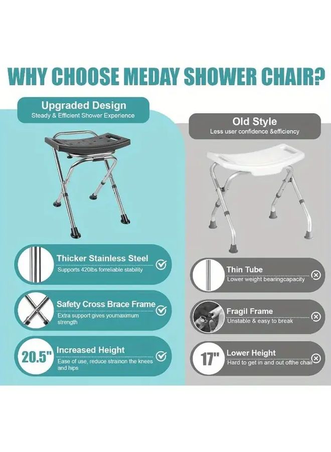 Height Adjustable Folding Shower Chair Seat Stainless Steel Anti Slip Bath Stool For Seniors 400 Lbs Travel Portable Black Variant - Image 5
