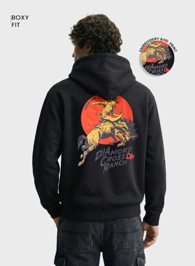 ذا انديان كراج كو Men Boxy Fit Graphic Printed Crew Neck Full Sleeves Overhead Hooded Sweatshirt